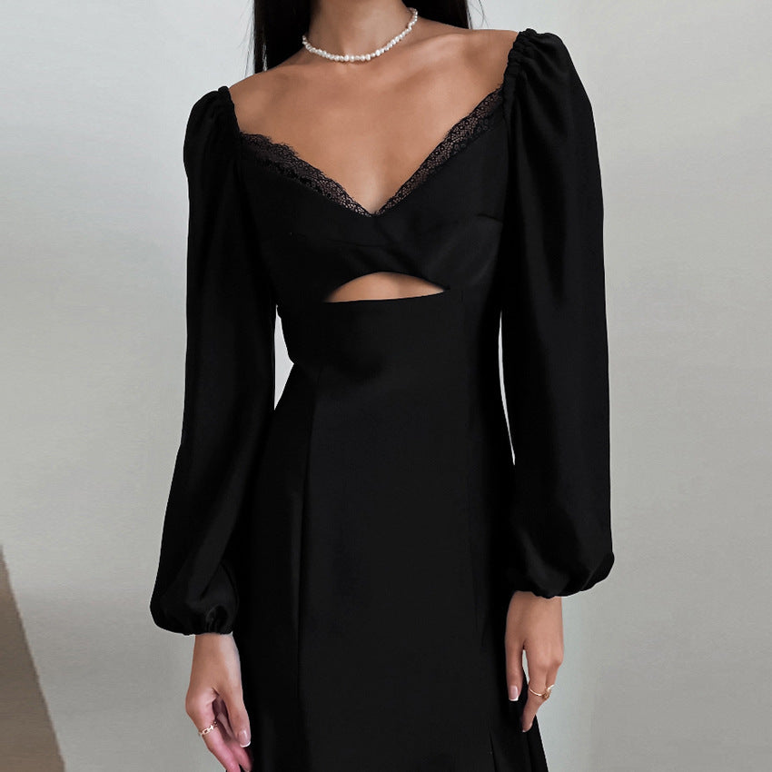 Sexy V-Neck Bubble Sleeve Hollow Lace Imitation Acetic Acid Color Ding Dress New Spring Fashion Women