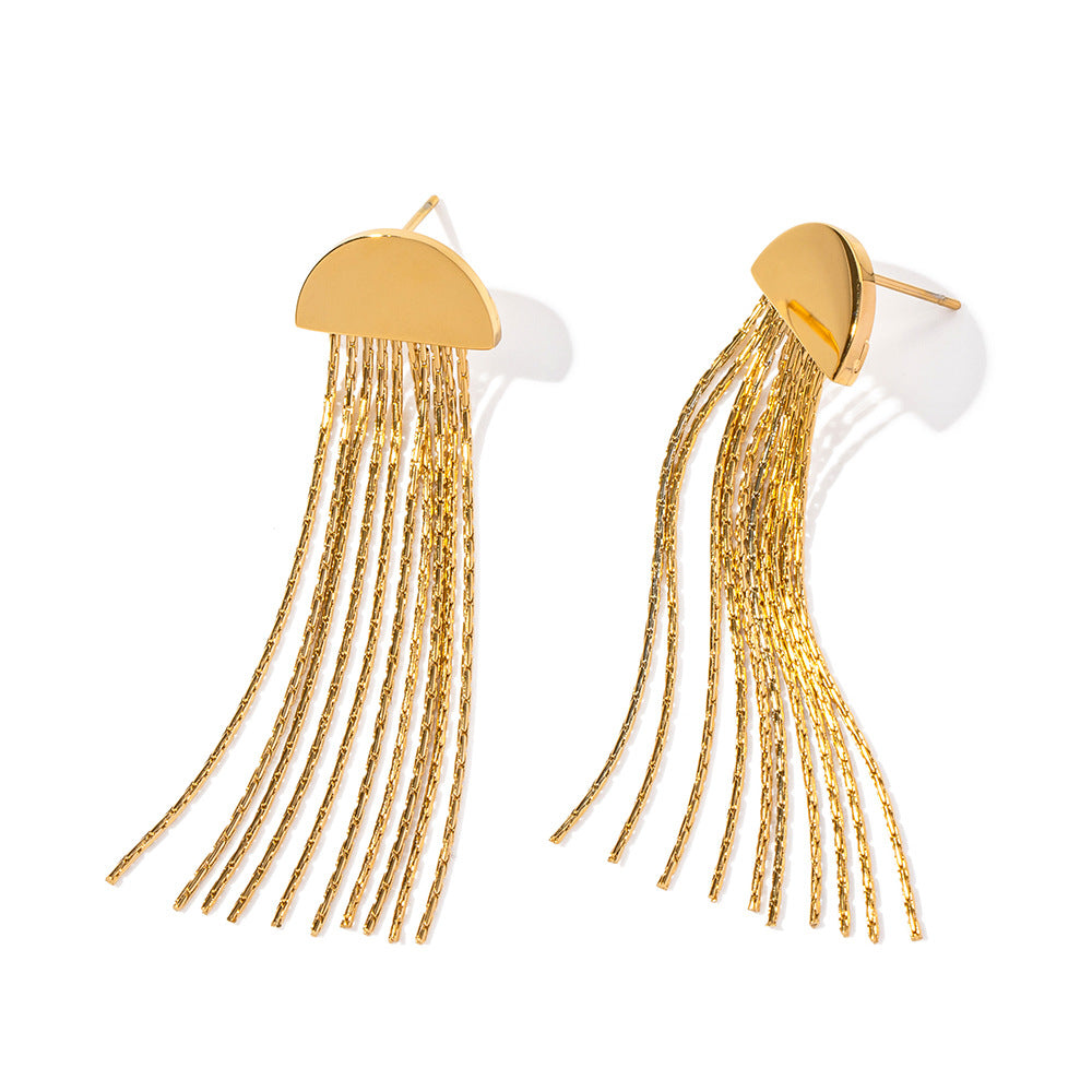 5pcs Simple 16K Gold Stainless Steel Semi-Circular Long Strip Tassel Earrings Exaggerated Temperament Studs Design Sense Earrings