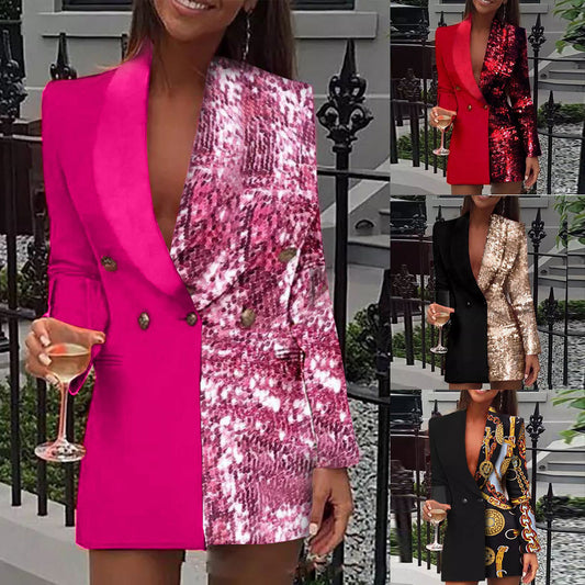 New Two-Color Splicing Printed Small Suit Sexy Deep V Casual Party Party Skirt