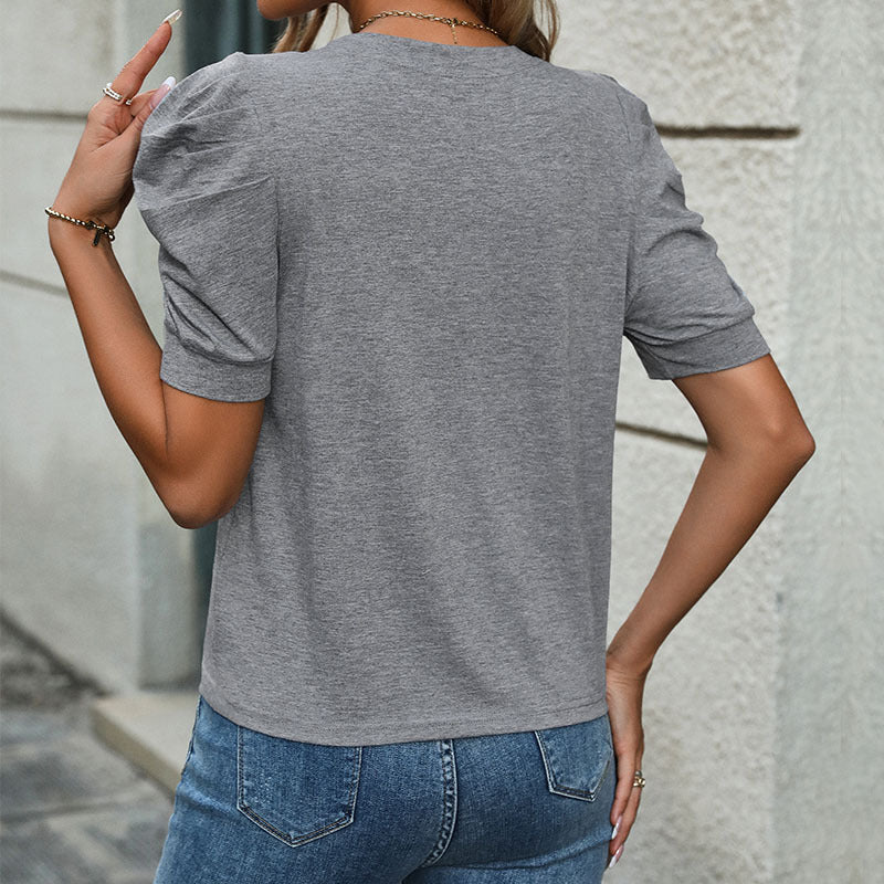 Summer New Casual Pullover T-Shirt Oumou Women's Blouse Leg Of Lamb Sleeve Short Sleeve T-Shirt