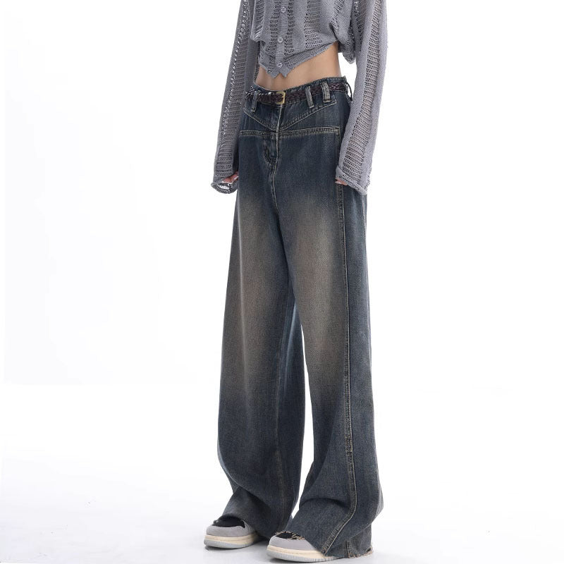 Early Fall New Wash Water Nostalgic Raw Hem Jeans Women's Vintage Wide-Leg Pants