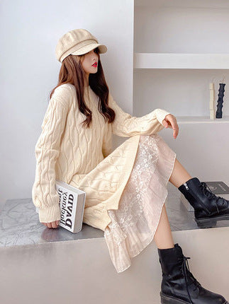 Women's Version New Spring And Autumn Loose Everything With Long Lace Splicing Small Fresh Knitted Dress