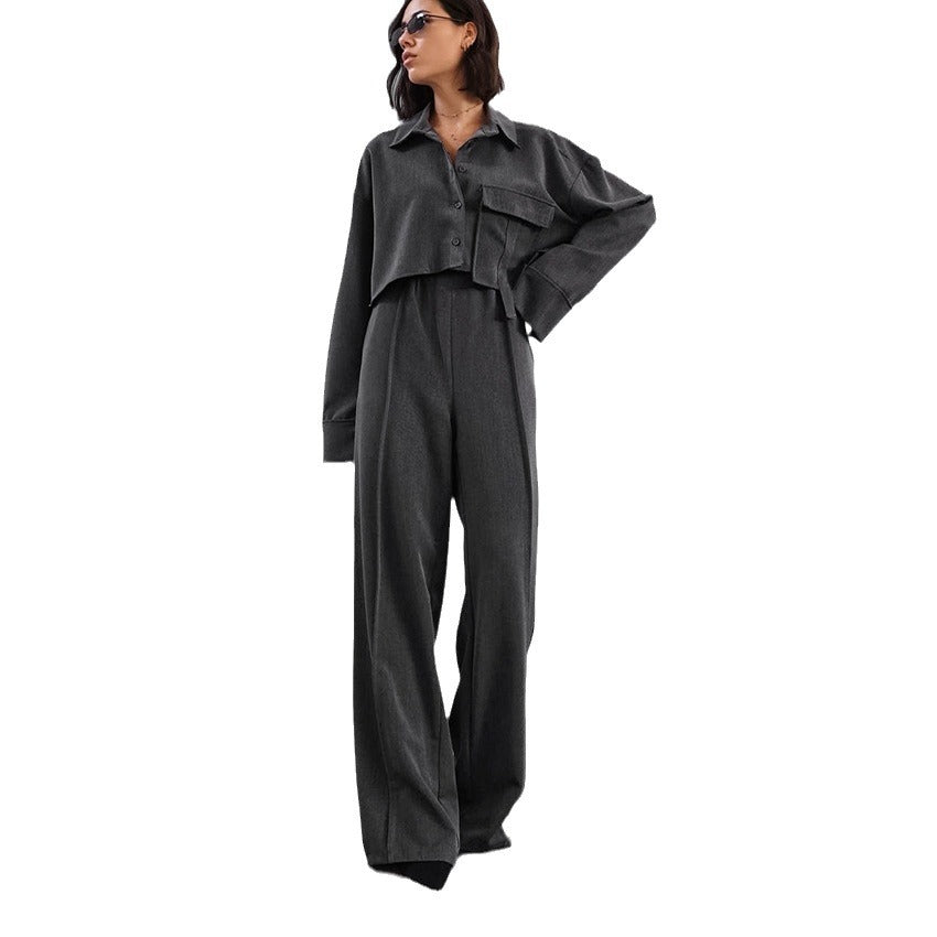 Retro Fashion Lapel Long Sleeve Crop Short Top High Waist Elastic Wide Leg Trousers Two-Piece Women's Set