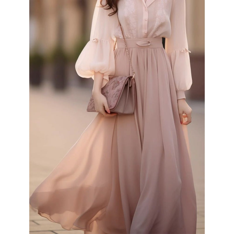 Autumn Wear With New Style Of Small Fragrance Shirt Suit Fashionable Temperament Pink Long Skirt Two-Piece Dress