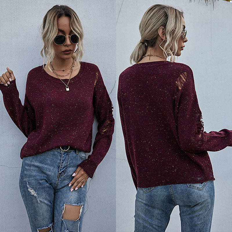 Stylish Solid Color Long-Sleeved Holes Sweater for Women