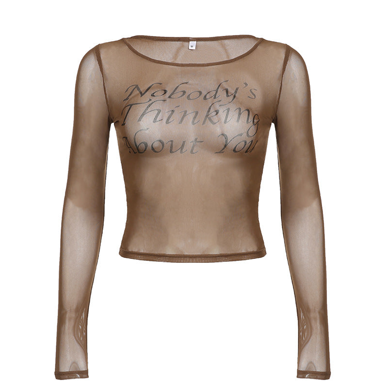 Big Round Neck Perspective Letter Printed Long Sleeve T-Shirt Women Autumn New Retro Slim-Fit Mesh Top