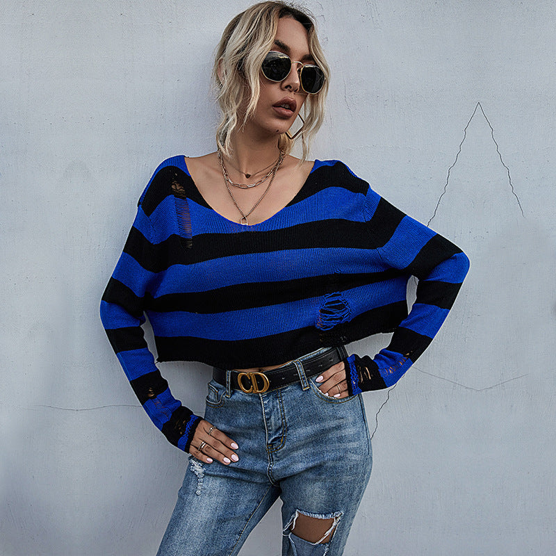 Autumn Women's Striped V-Neck Loose Short Knit Bottom Sweater Women Long Sleeves Sexy