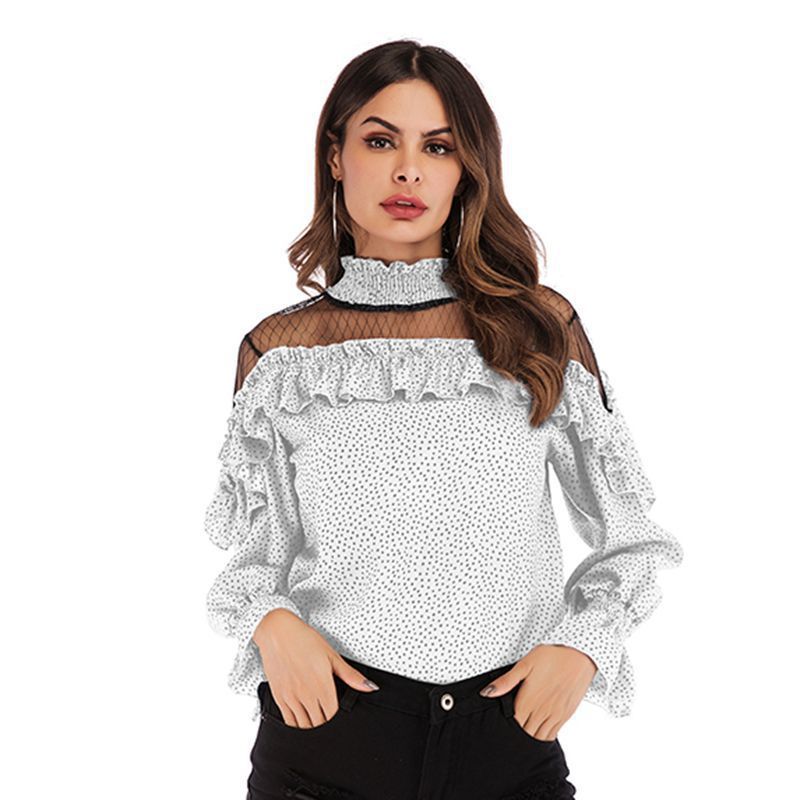 Chiffon Polka Dot Women's Top Autumn New Trumpet Sleeve Mesh Stitching Ruffled Edge