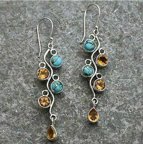 Retro Turquoise Diamond Set Fashion Fringe Long Women'S Earrings