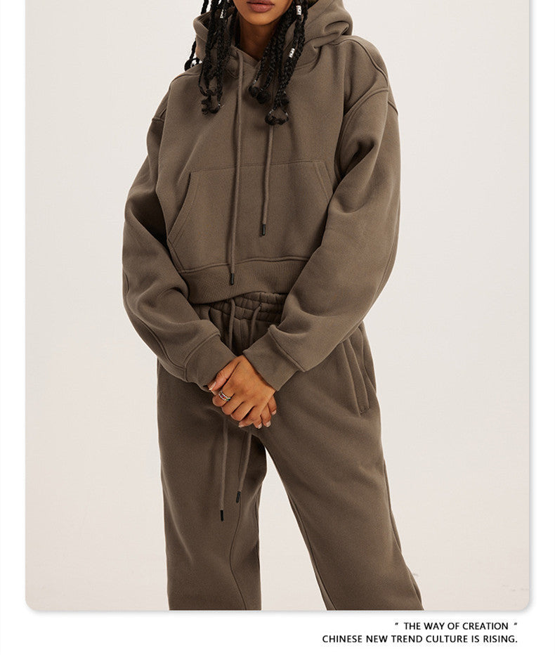 Autumn And Winter Casual Fashion Solid Color Pullover Drawstring Hoodie Hooded Suit Women