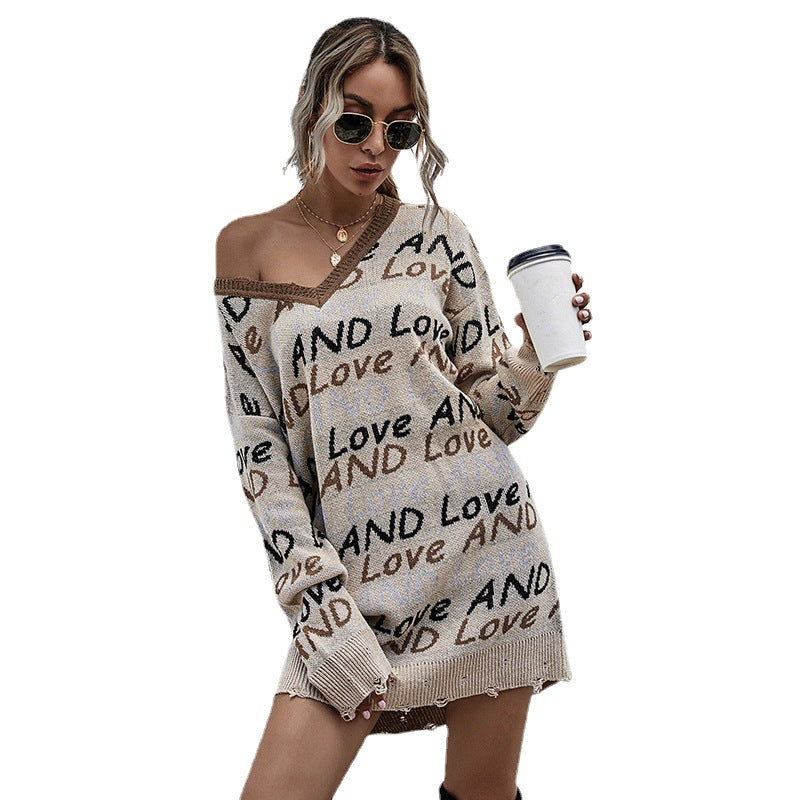 V-Neck Long Sleeve Letter Off-The-Shoulder Sweater Dress for Women
