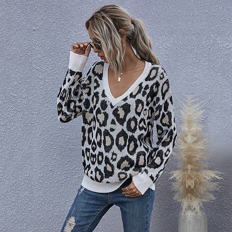 Autumn Wind Long Sleeve V-Neck Leopard Print With Bottom Knit Sweater Woman