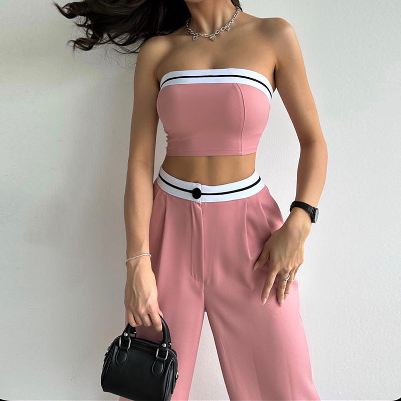 Women's New Spice Girls Wear Sports Vest With Chest Contrast Color High Waist Wide Leg Trousers Leisure Suit
