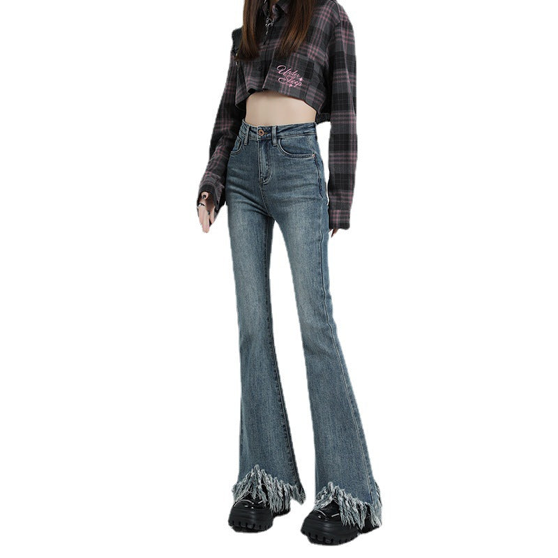Spring And Autumn New Retro Fringe High Waist Micro Flared Jeans Women Slim Slim Stretch Raw Edge Mop Pants