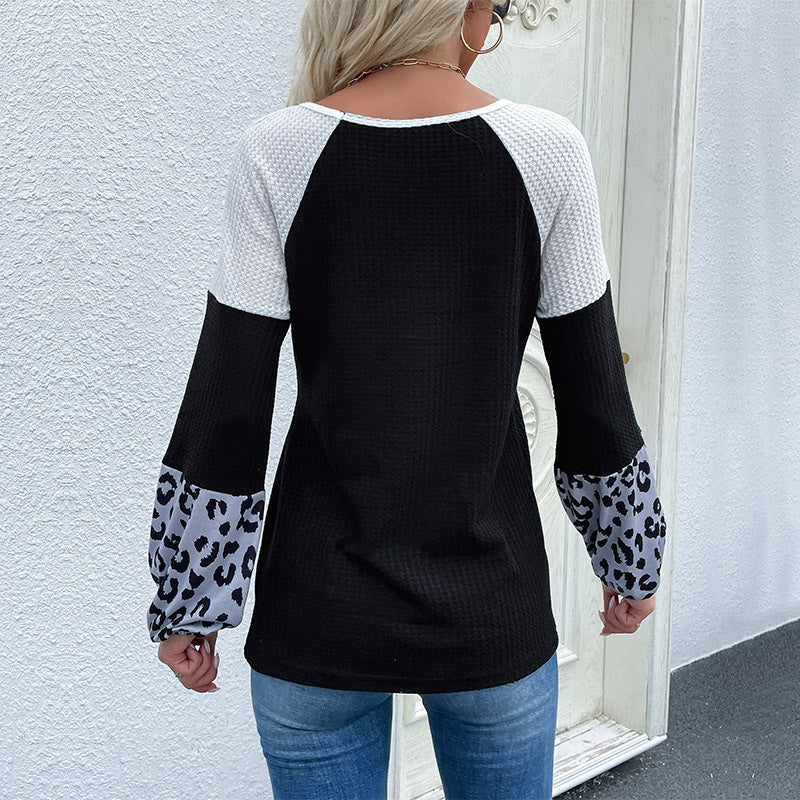 New Splicing Women's Autumn Leopard Print Long Sleeve Color Pullover Sweater
