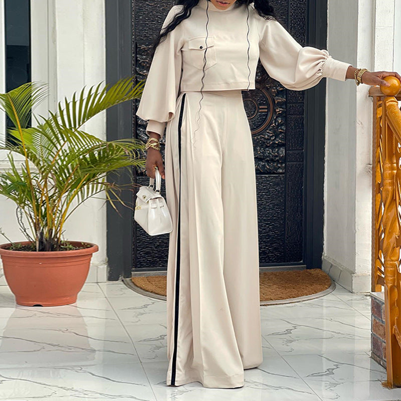 Women's Autumn New Large-Size Loose Half High-Neck Long-Sleeved Blouse Wide-Leg Pants Casual Suit