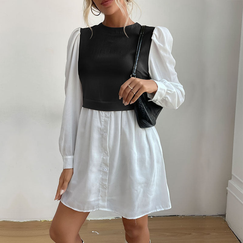 Women's Round Neck Long-Sleeved Color Patchwork Dress