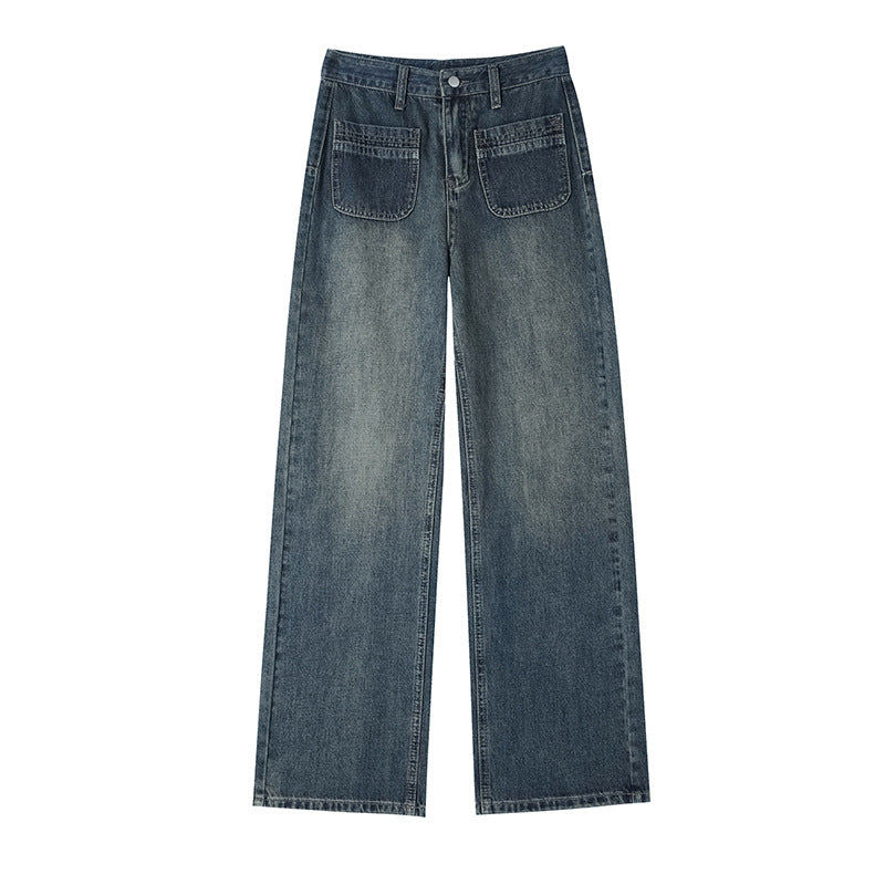 Autumn Winter Loose Slimming Leg Long High Waist Straight Leg Wide Leg Pants Personality Pocket Casual Jeans Women's Pants