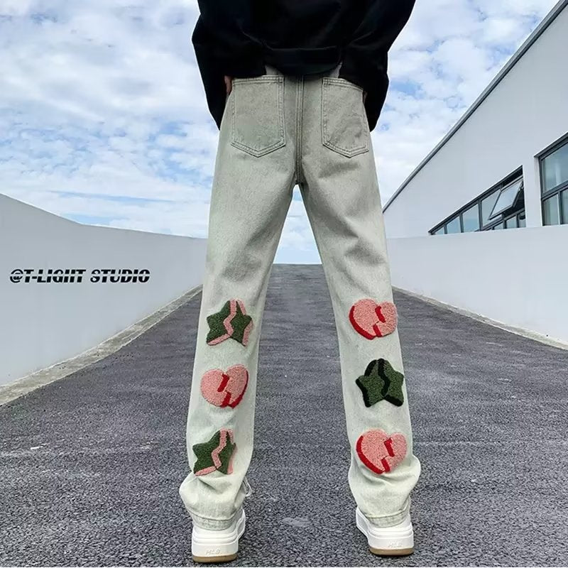 Men Niche Spring And Autumn High Street Vibe Slim Pants Towel Embroidered Straight Leg Casual Pants Jeans