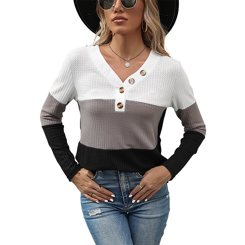 New Autumn Women's Matching Color Pullover Bottom V-Neck Waffle Jersey