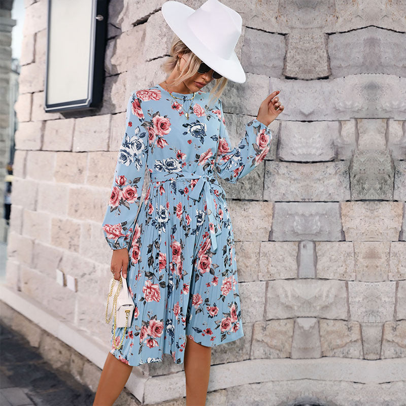 New Autumn And Winter Floral Dress Long-Sleeved Blue Pleated Skirt Female