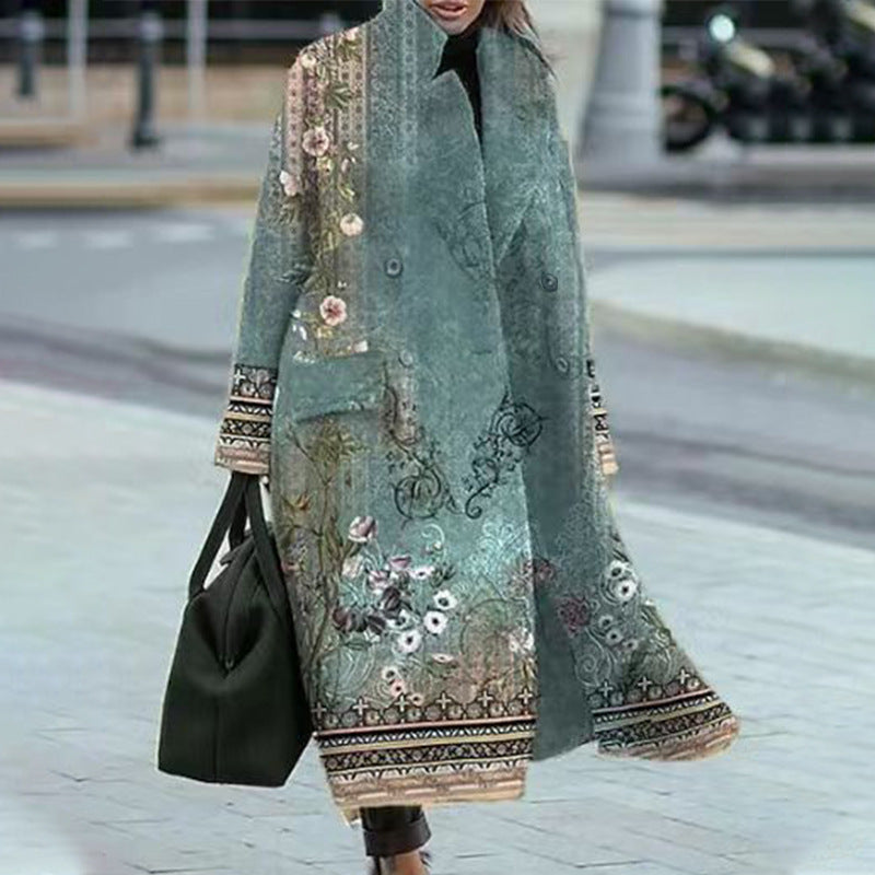 New Autumn Women's Long Sleeve Lapel Coat Printed Wool Long Coat