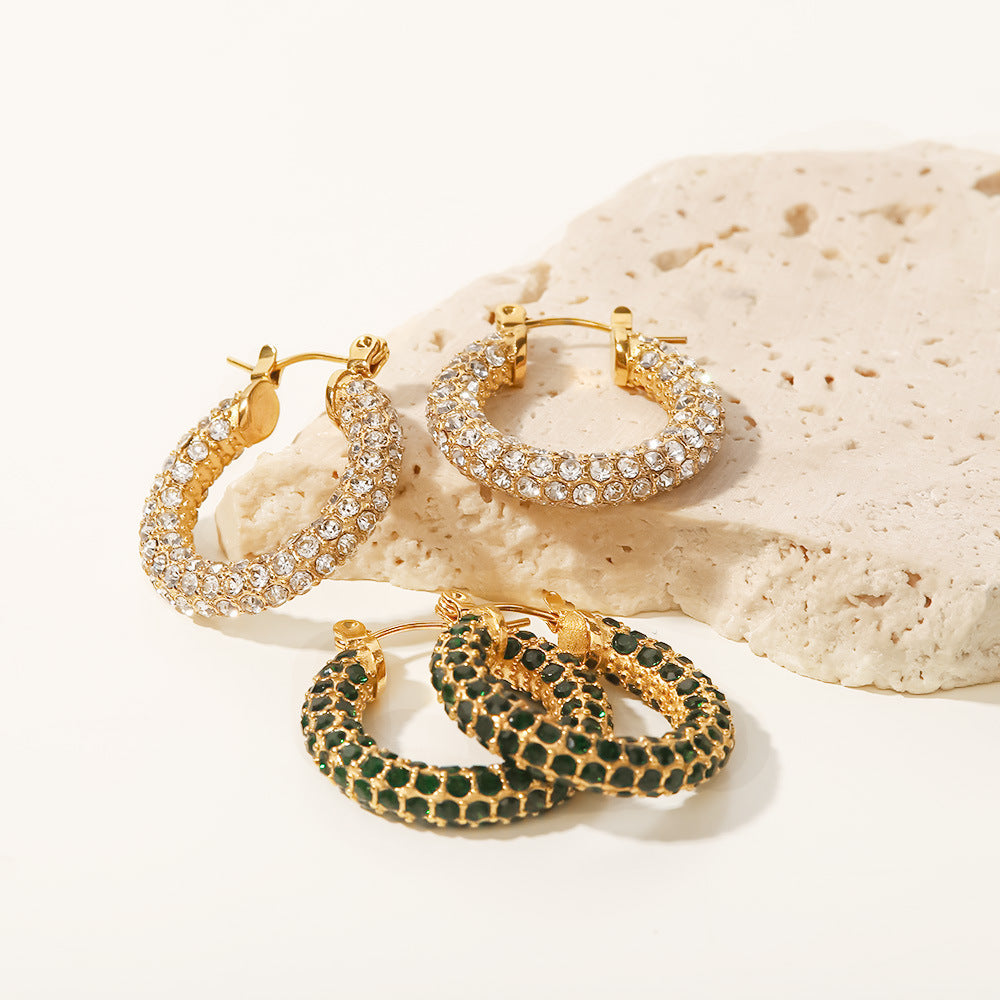 5pcs Fashion Women All Round Hoop Earrings Large Dense Inlaid White/Green Diamond Stainless Steel Earrings Jewelry