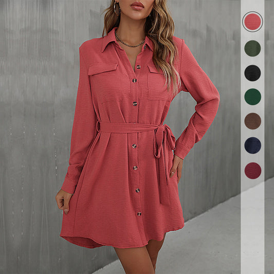 Early Autumn Fashion Dress Red Long-Sleeved Lapel Shirt Dress