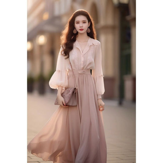 Autumn Wear With New Style Of Small Fragrance Shirt Suit Fashionable Temperament Pink Long Skirt Two-Piece Dress