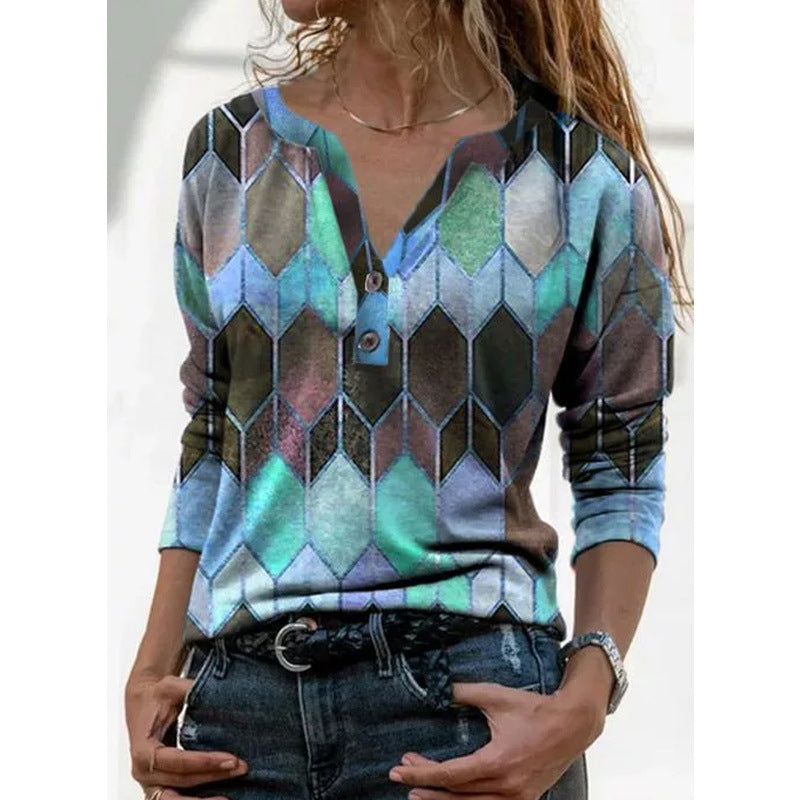 Women's Autumn And Winter New Color Contrast Printed V-Neck Long Sleeve T-Shirt Base For Women A Hair