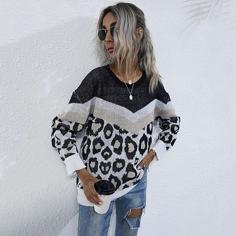 Autumn Leopard-Print Color Matching Long-Sleeved Loose Mid-Length Crew-Neck Sweater Woman