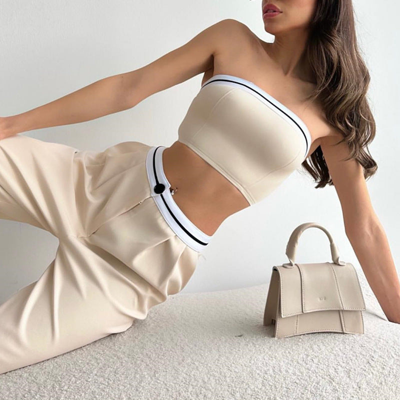 Women's New Spice Girls Wear Sports Vest With Chest Contrast Color High Waist Wide Leg Trousers Leisure Suit