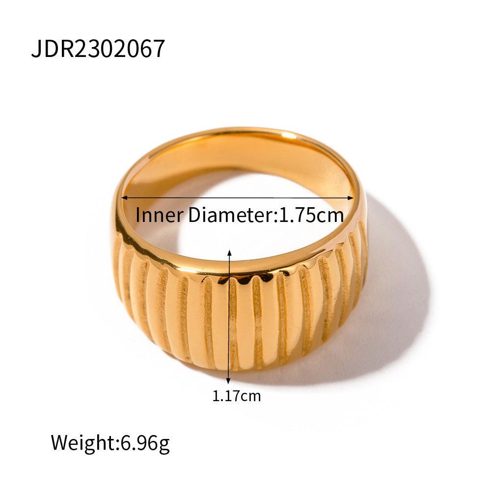 5pcs Niche 18K Electric Gold Plated Titanium Steel Ring 18K Gold Stainless Steel Vertical Grain Cut Wide Face Ring