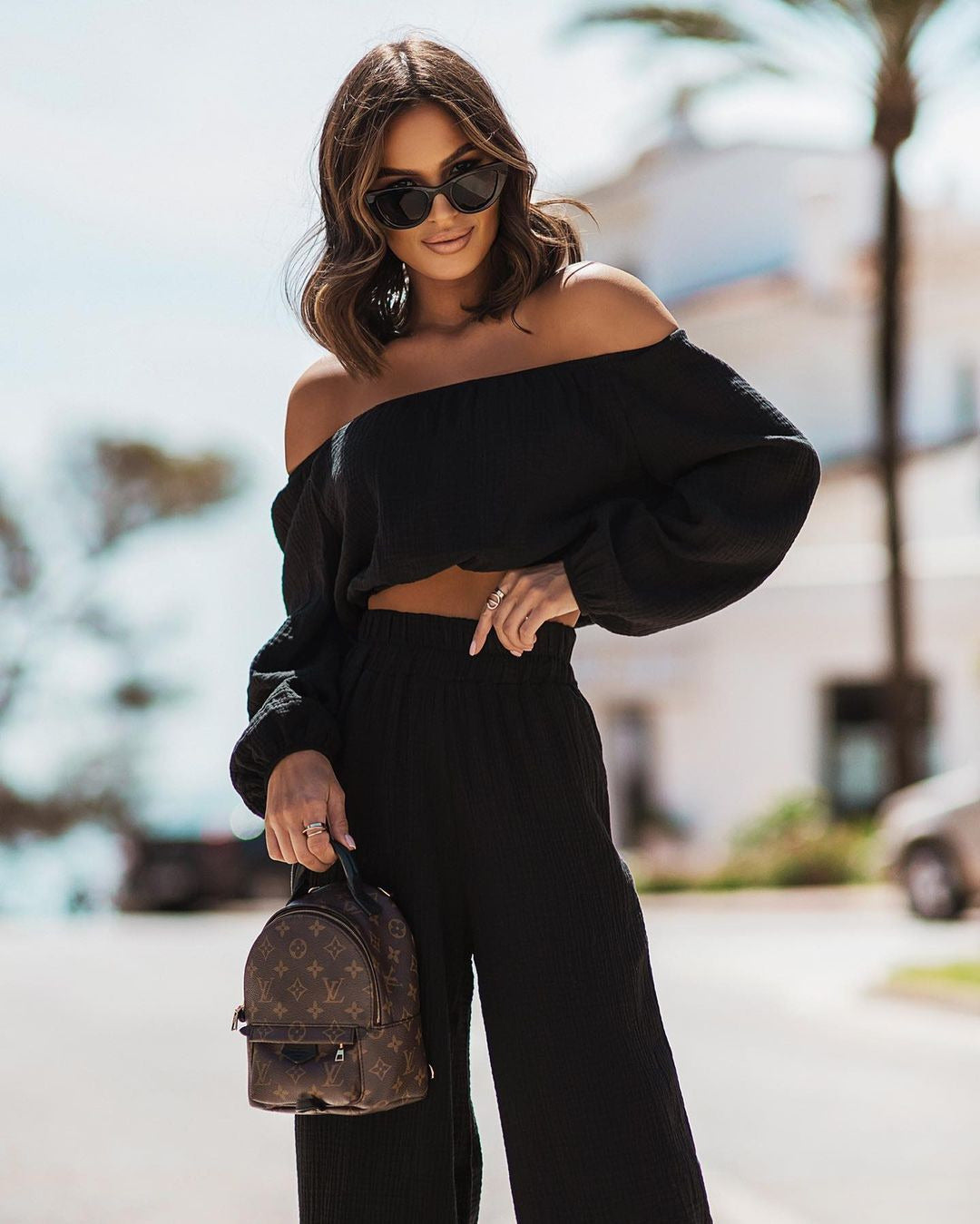 New Short-Sleeved Off-The-Shoulder Straight-Leg Pantsuit Solid Color Commuter Two-Piece