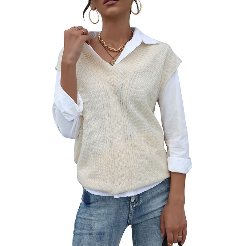 Early Autumn New Casual Blouse Solid Color Twist Sweater Vest Woman