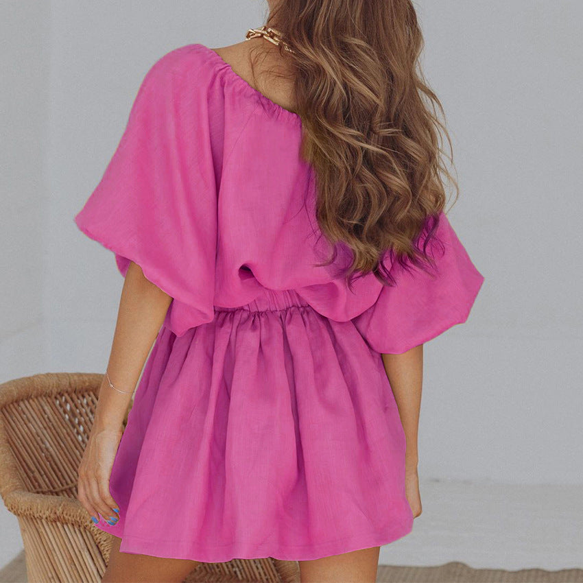 Summer New Fashion Leisure Suit V-Neck Cotton Hemp Women Lantern Sleeve Shirt Short Two-Piece Set