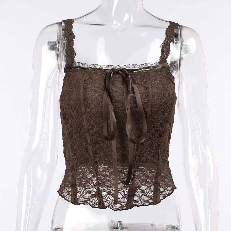 Summer New Solid Color Hollow-Out With A Sling Lace Slim Type Pullover Sexy Vest Woman