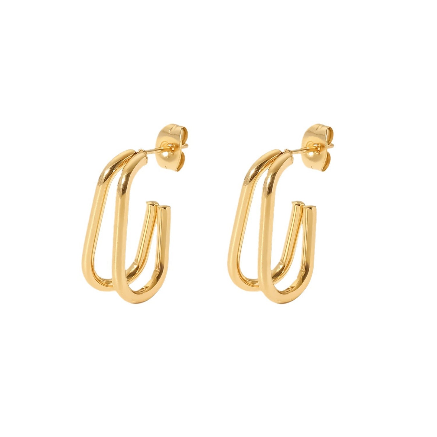5pcs Same 18K Gold-Plated Stainless Steel Ring Earrings Titanium Steel Double Line Geometric Earrings For Women