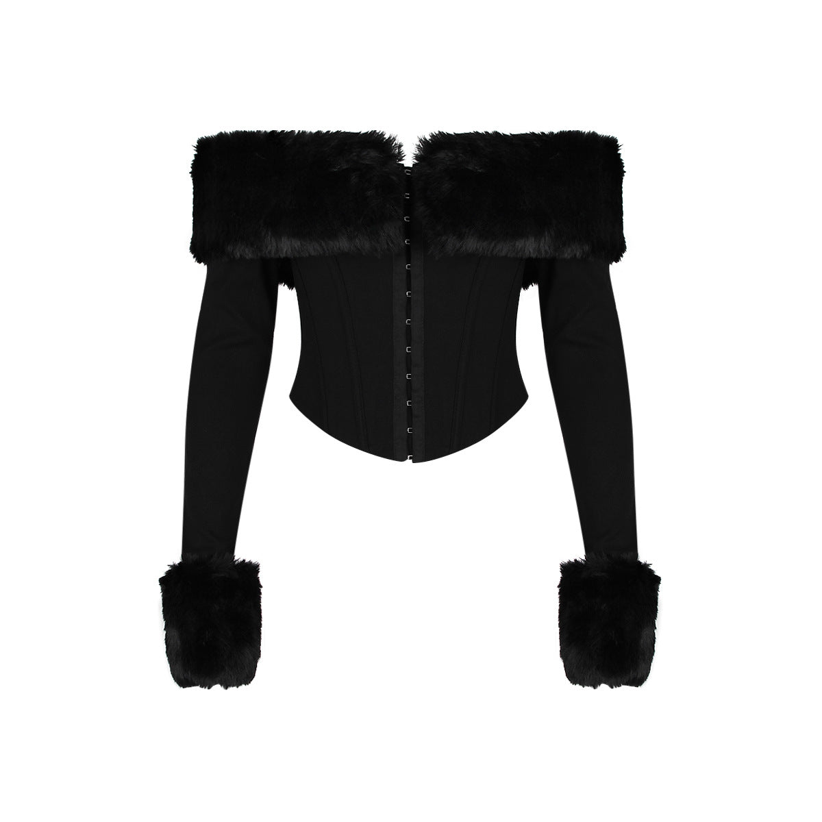 Autumn And Winter New Style Spice Girl Fashion Hair-Collar One-Line Shoulder Fishbone Long Sleeve Short Slim-Fit Top For Women
