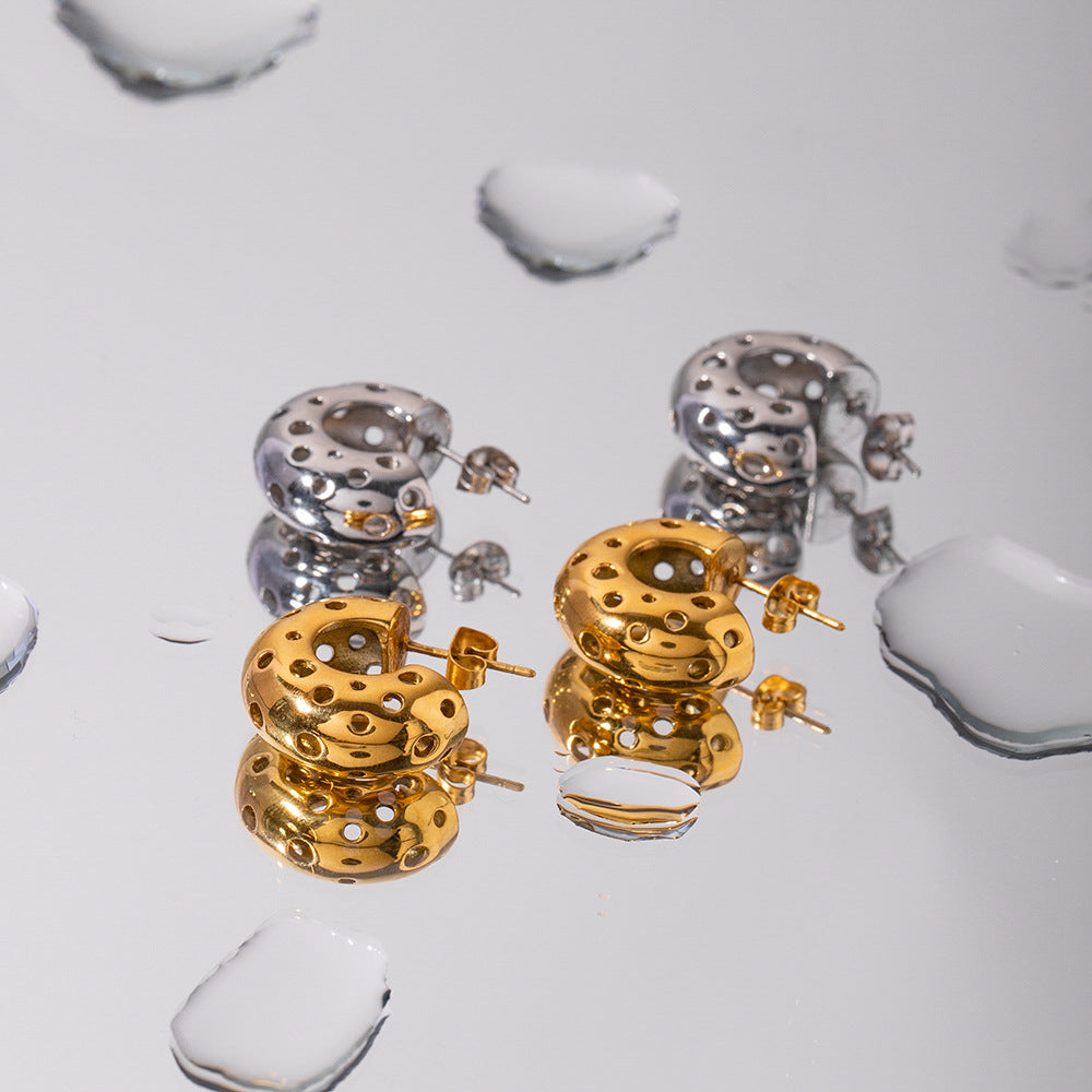 5pcs 18K Gold Stainless Steel Round Hollow C-Shaped Earrings New Fashion Temperament Niche Design Earrings
