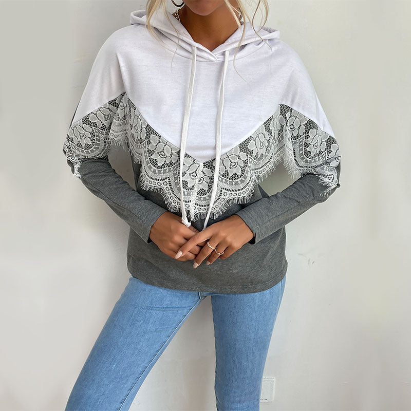 Through Autumn New Women's Long-Sleeved Hooded Pullover Lace Stitching Hoodie Hoodie