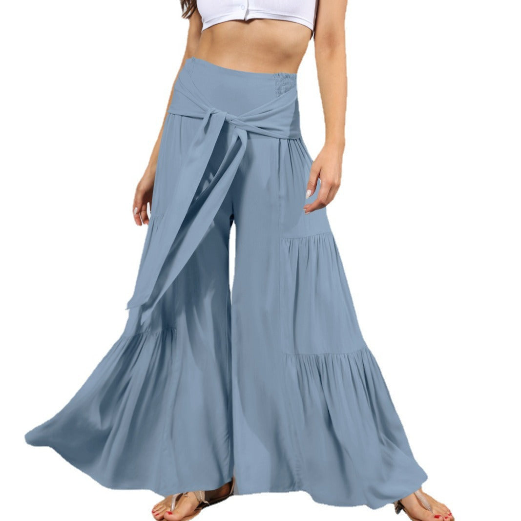 Women's Fashion Temperament Lace-Up Elastic Waist Pleated Wide-Leg Pants Casual Loose Pants