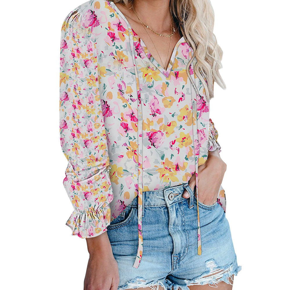 Bohemian Style Long-Sleeved Chiffon Blouse Women's Loose V-Neck Pullover Top