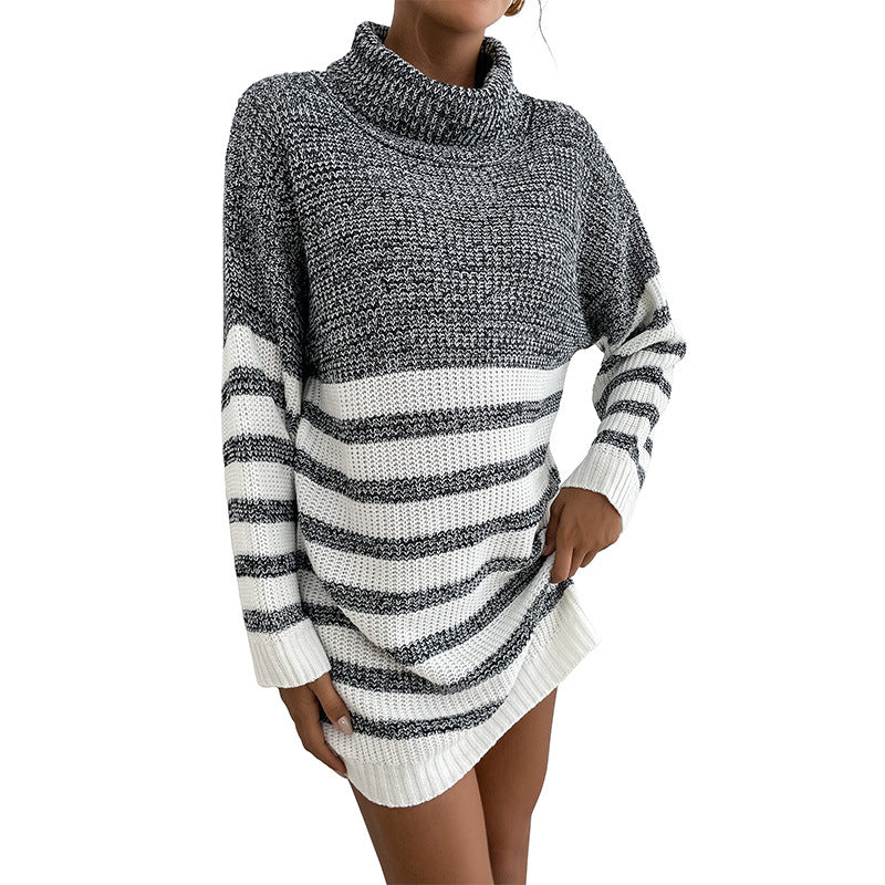 Women's Loose Patchwork Color Turtleneck Dress (Belt Not Included)