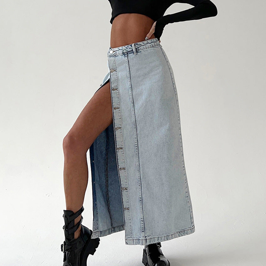 Retro Slit High Waist Denim Skirt Women's Summer Asymmetrical Design Sense Straight Skirt