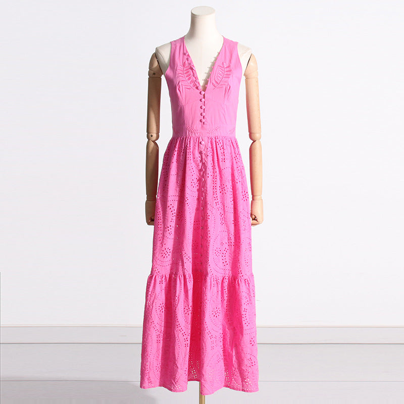 Spring New Fashion Temperament V Neckline Embroidery Waist Slimming Big Swing Dress Solid Color Temperament Long Dress