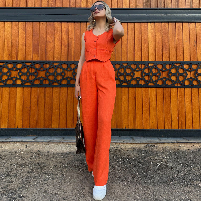 Women's Solid Color Sleeveless Vest V-Neck Short Summer Jacket And Trousers Two-Piece Set