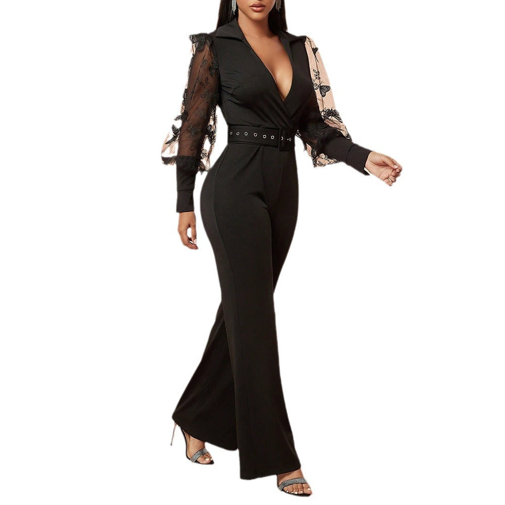 Spring/Summer Sexy Jumpsuit Deep V Patchwork Mesh Slimming Jumpsuit