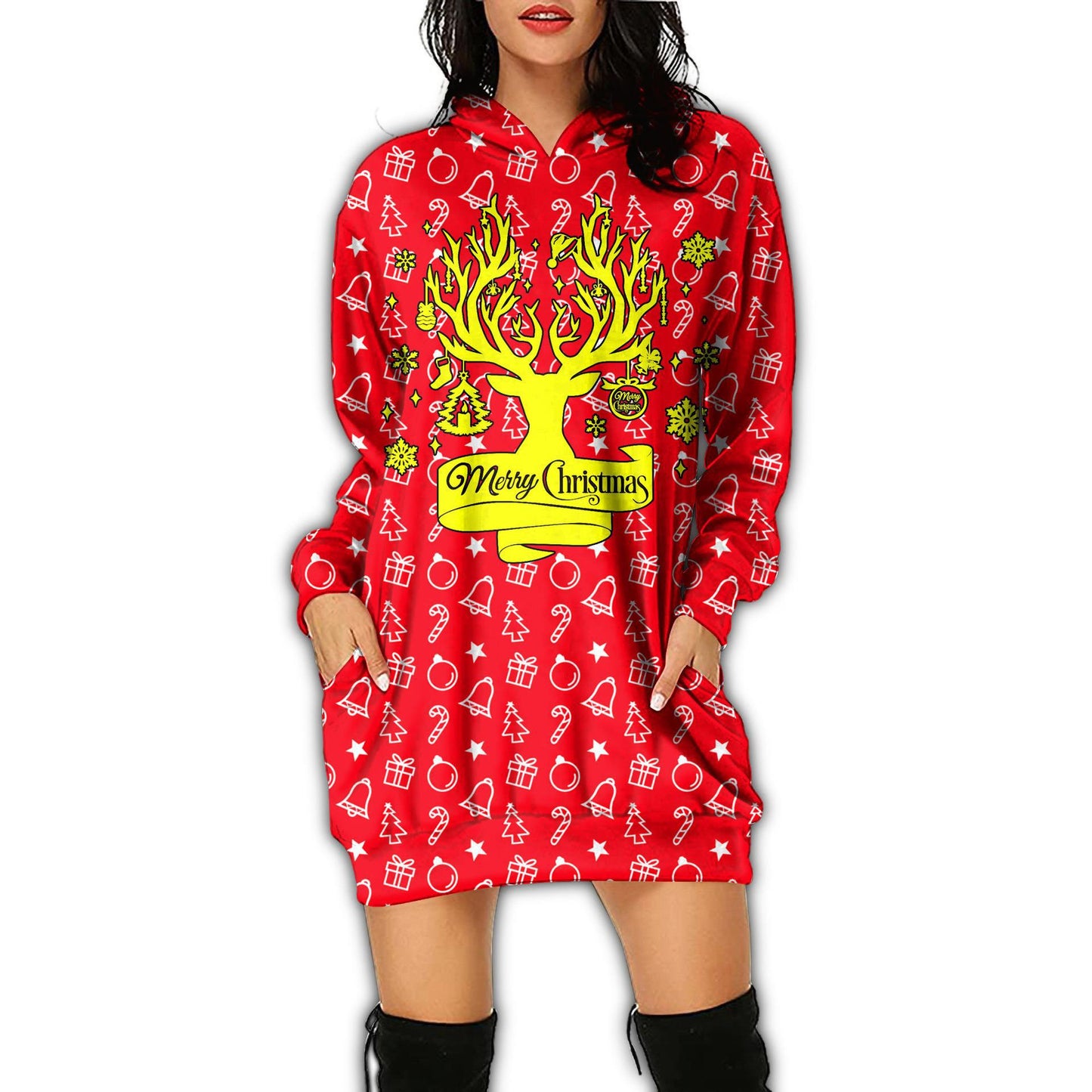 Autumn Women's Print Casual Long-Sleeved Hoodie Dress Christmas Holiday Party Dress