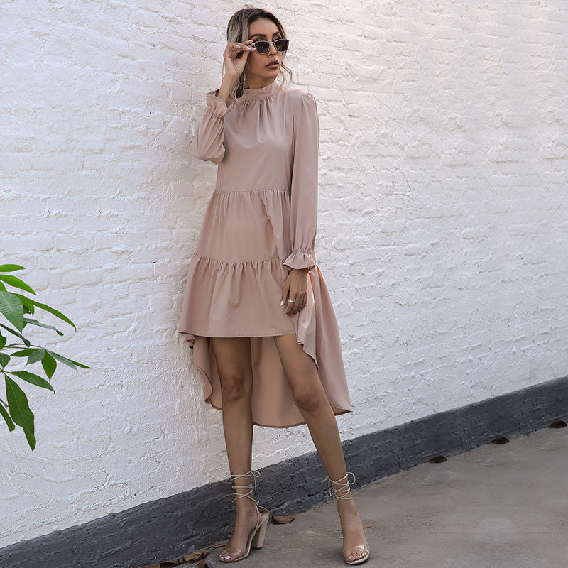 Selling Fashion Women's Solid Color Long-Sleeved Irregular Semi-High-Neck Dress